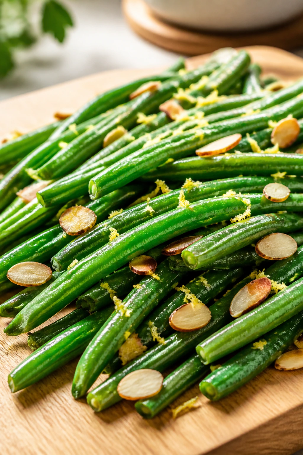 Close-up of green beans with almonds and lemon zest