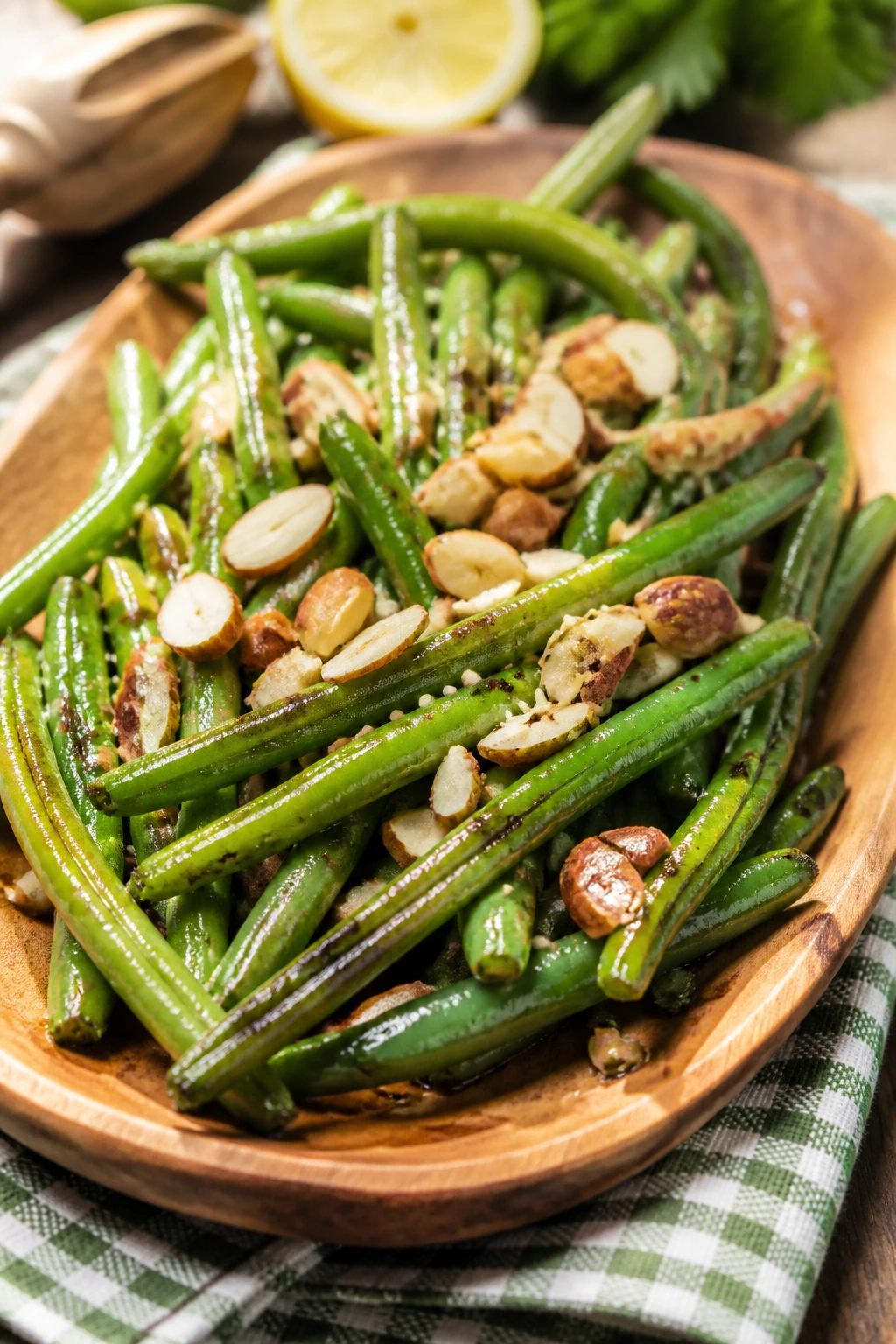 Grilled green beans with almonds on a rustic plate outdoors