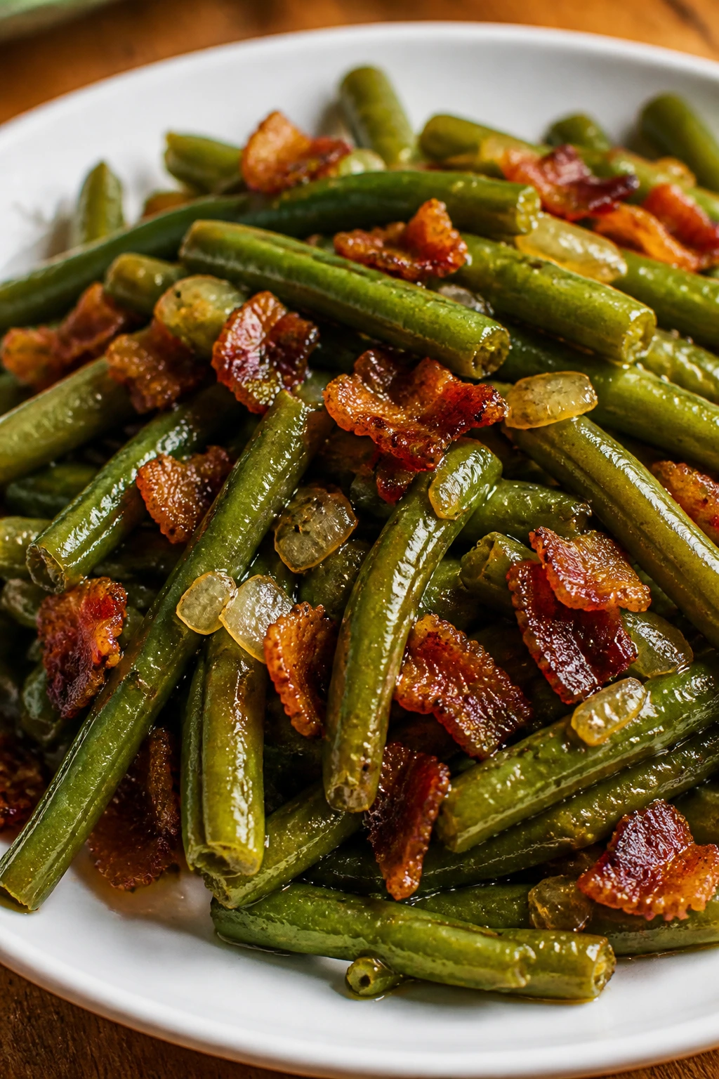 Green beans with bacon pieces on a plate