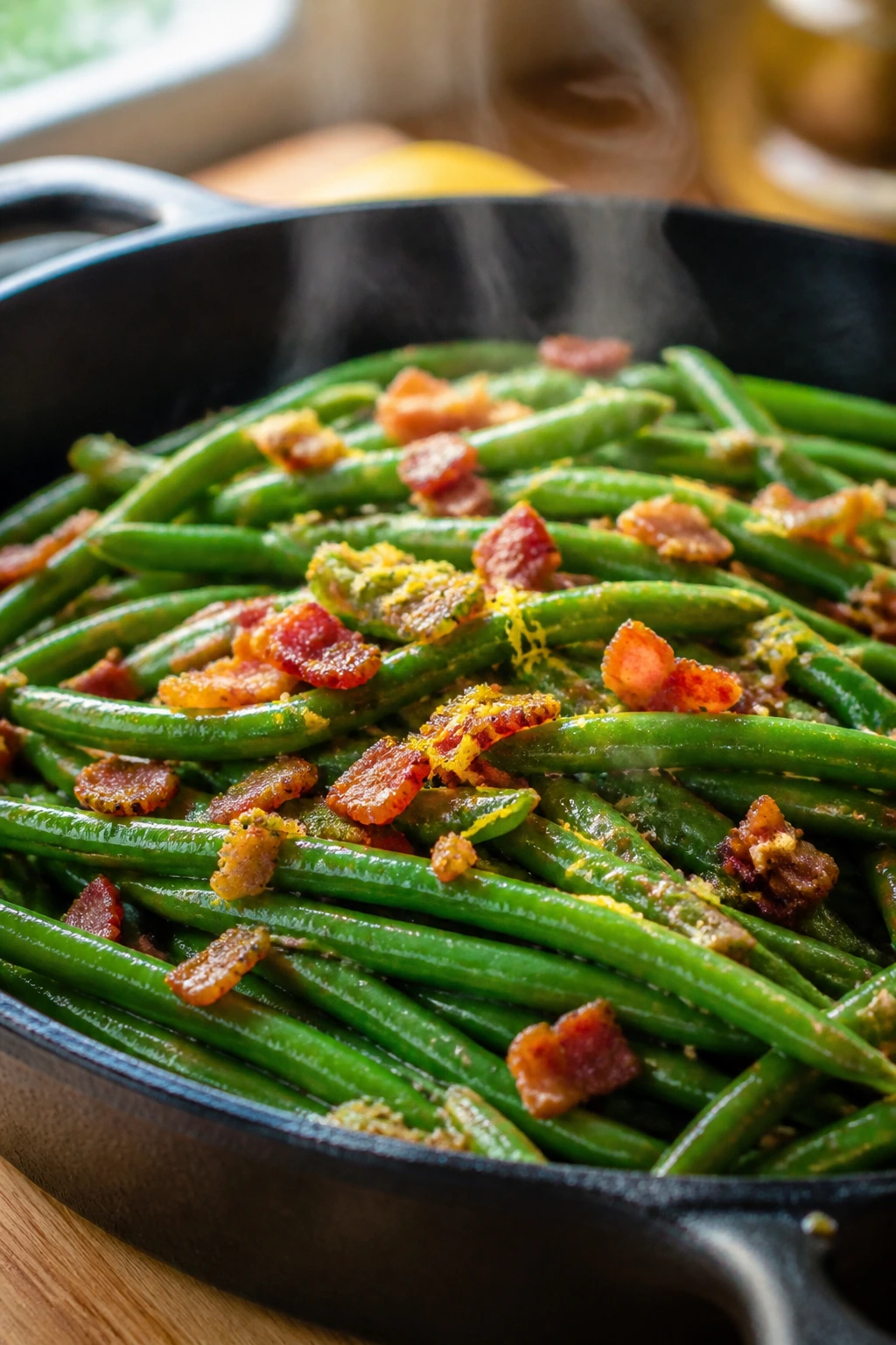 Bright green beans with bacon and lemon zest in a pan