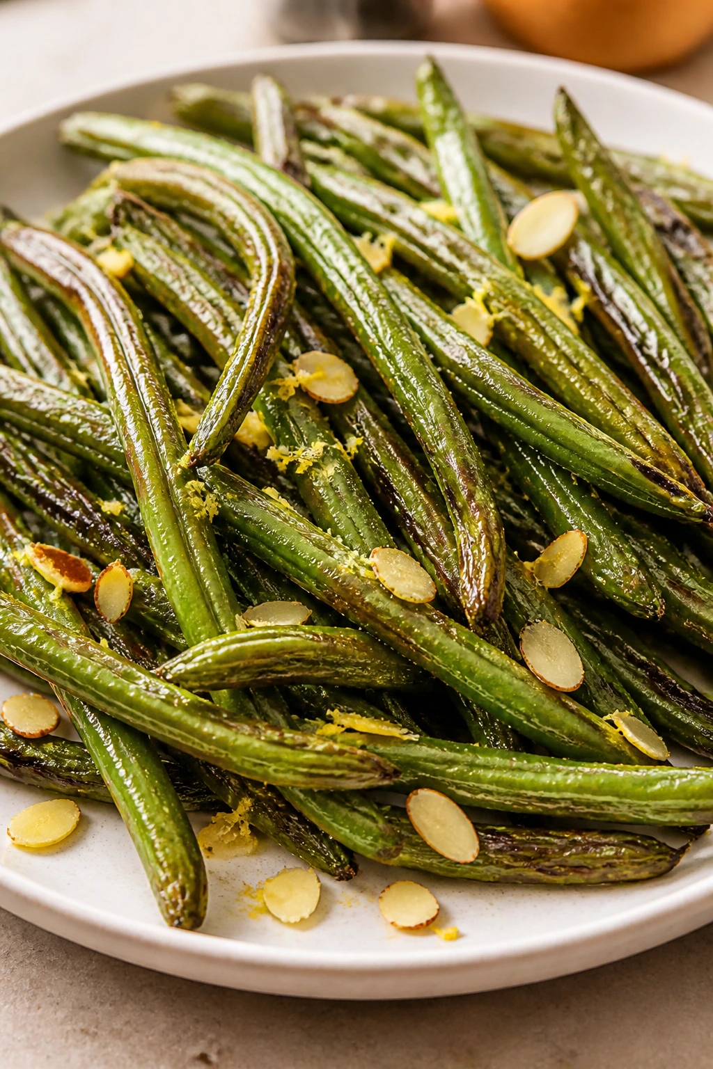 Close-up of blistered green beans with lemon zest and almonds on a plate in a warm kitchen