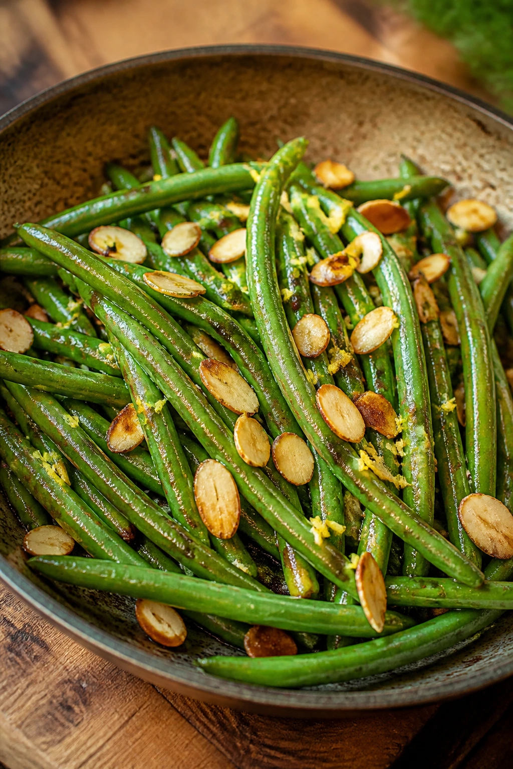 Green beans in brown butter with toasted almonds in a skillet