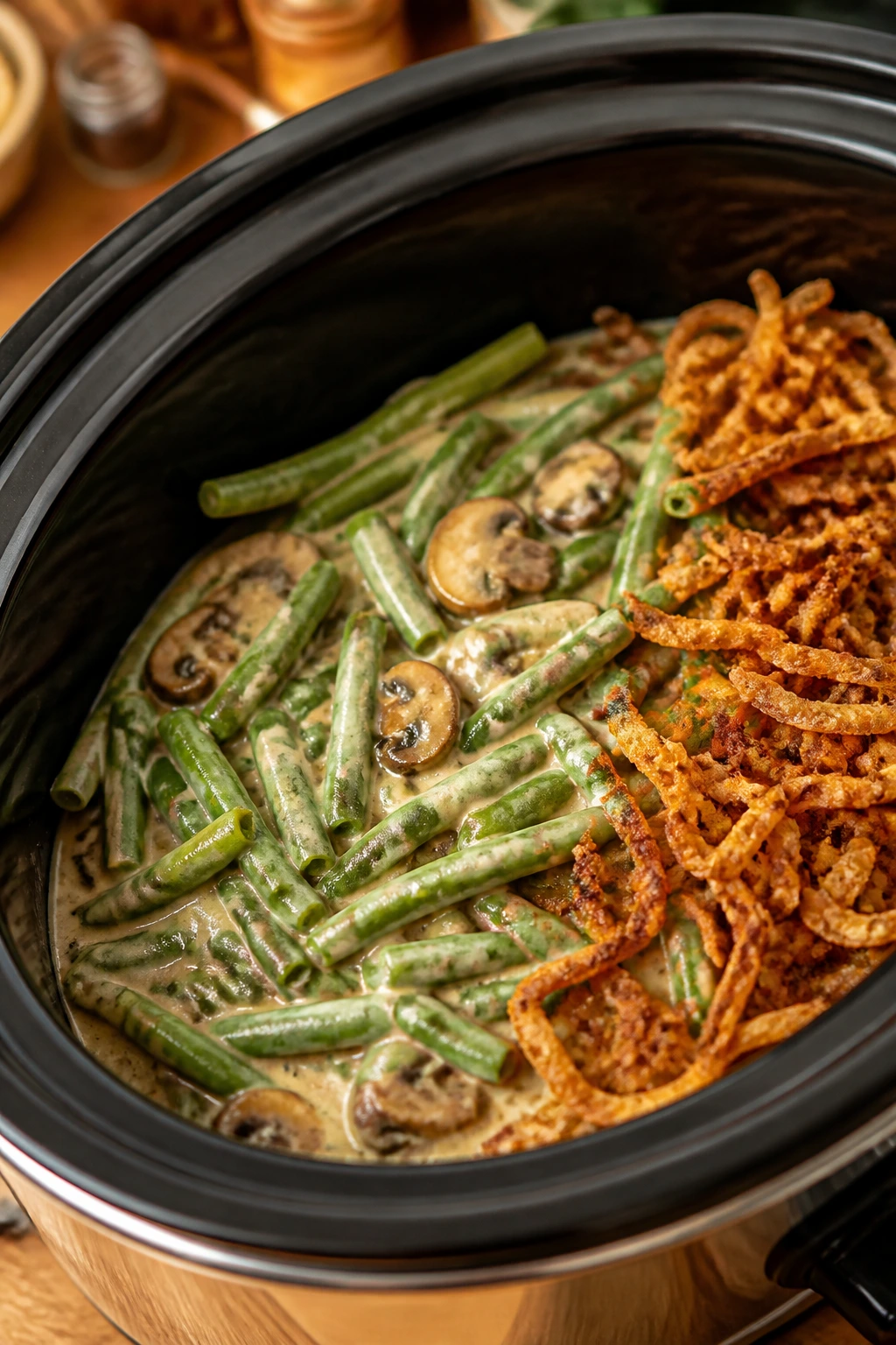 Green bean casserole in a slow cooker with mushroom sauce and onions.