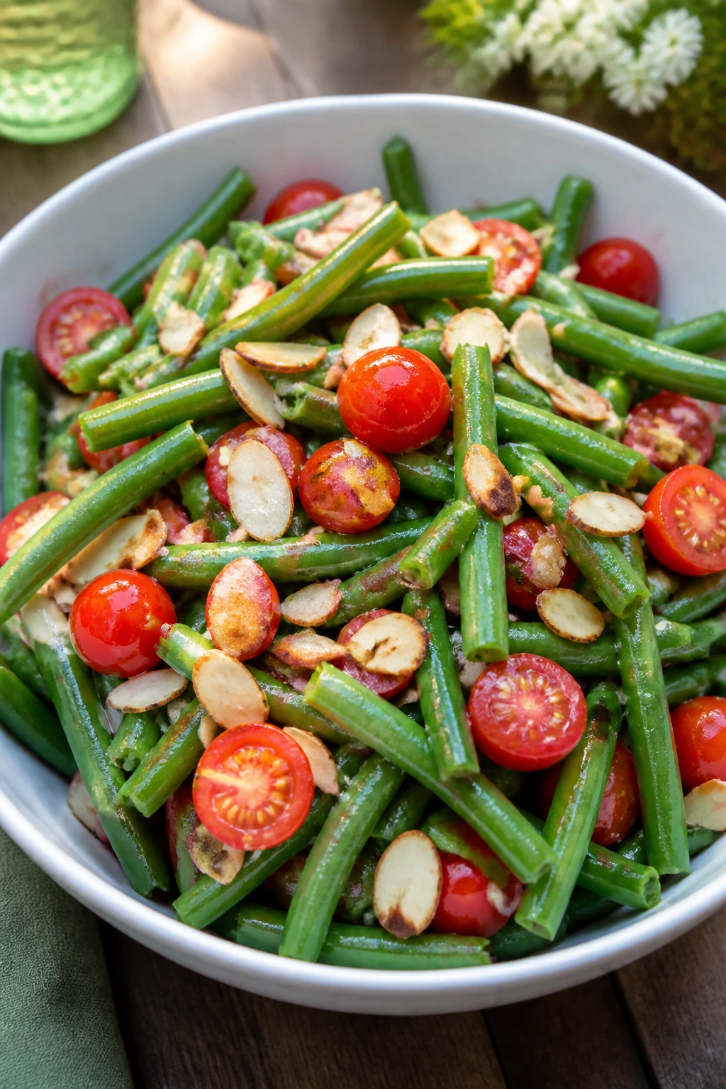 Close-up of Green Bean and Cherry Tomato Salad with Almonds in a bright bowl