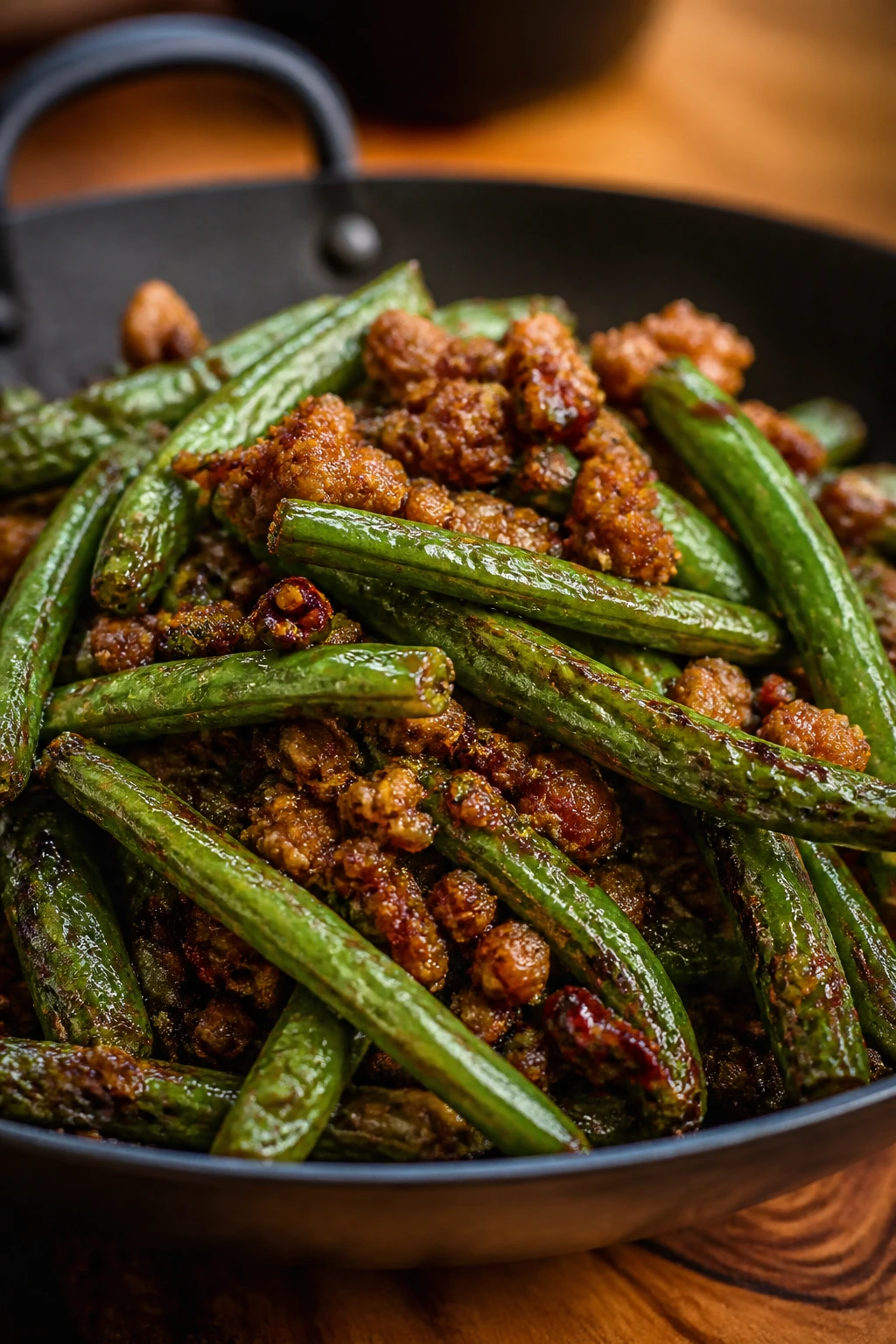 Blistered green beans with pork in a dry-fried glaze.