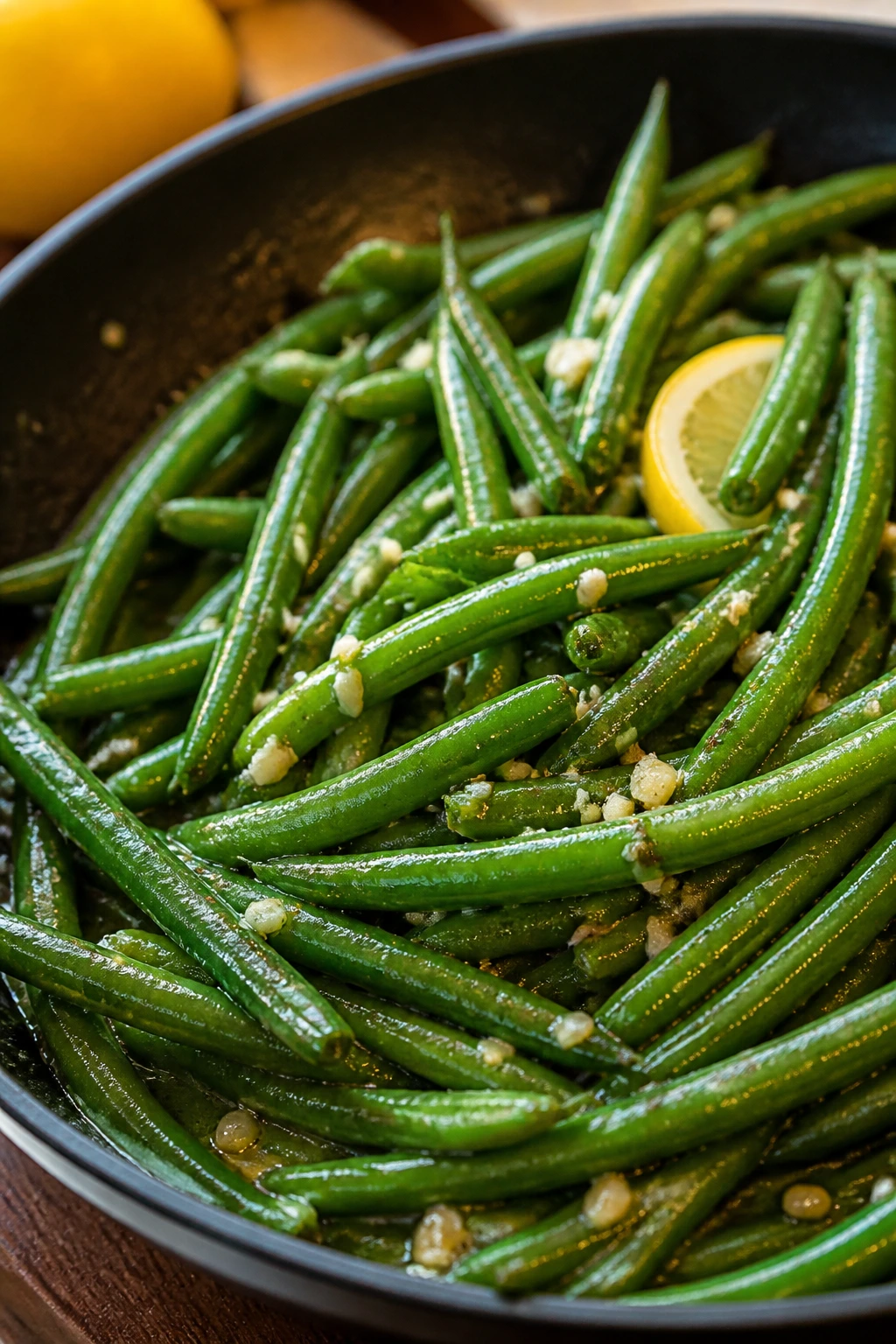 Close-up of garlic butter green beans in a skillet