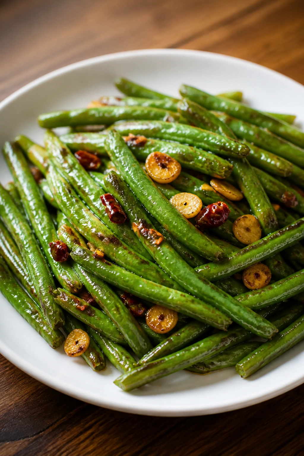 Close-up of blistered green beans with garlic and chili
