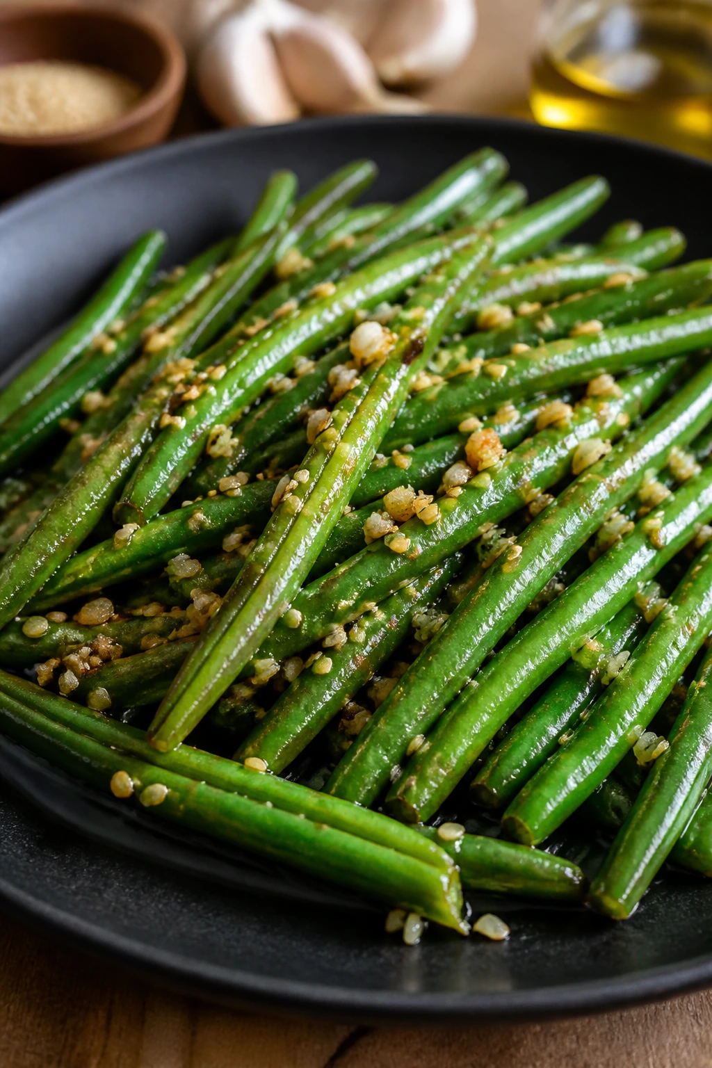 Close-up of green beans with garlic and sesame seeds