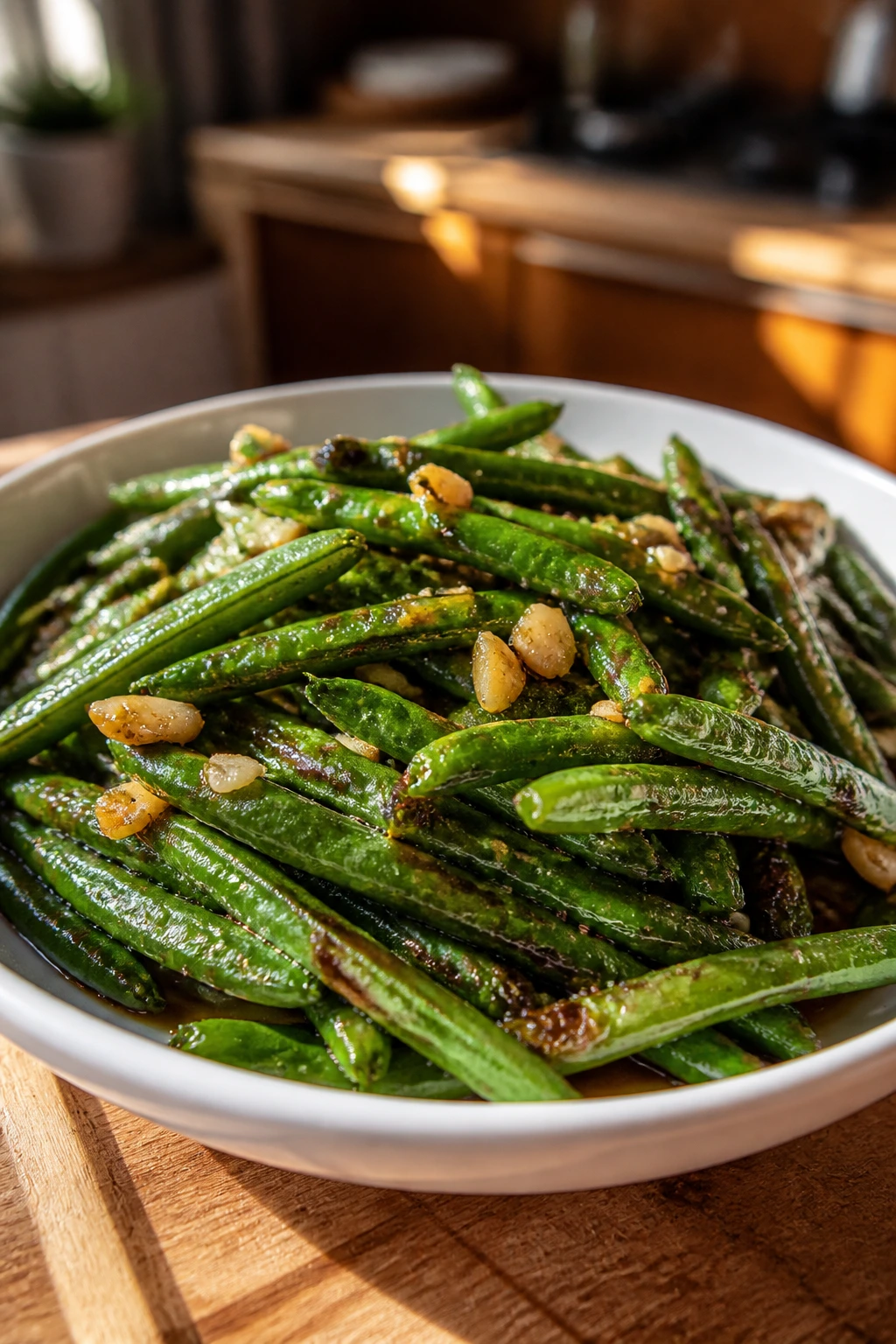 Close-up of blistered green beans with garlic glaze