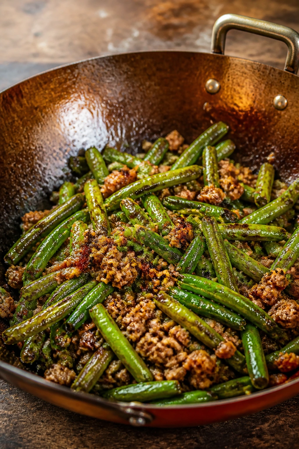 Blistered green beans with minced pork in a wok