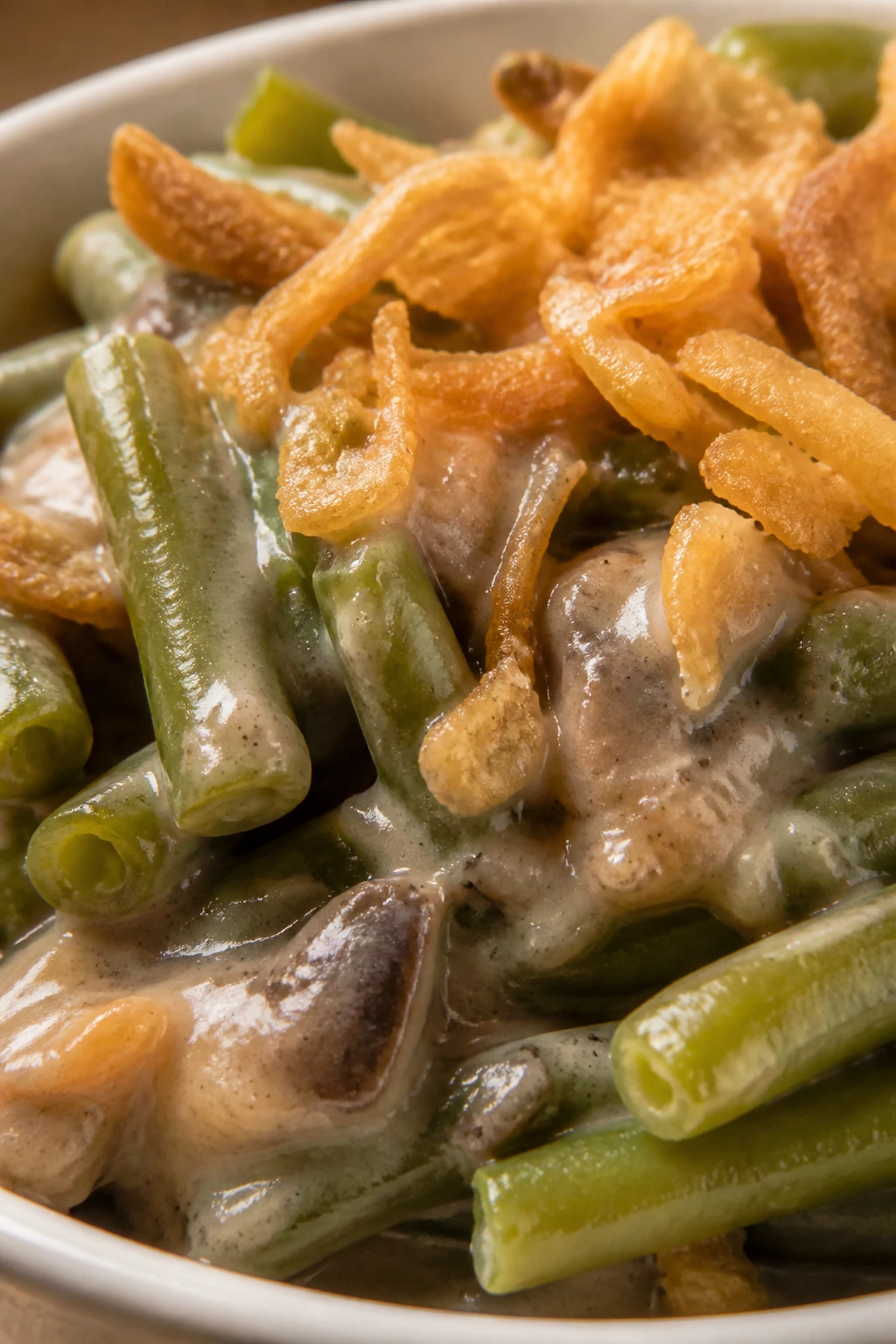 Serving of green bean casserole showing beans, sauce, and onions