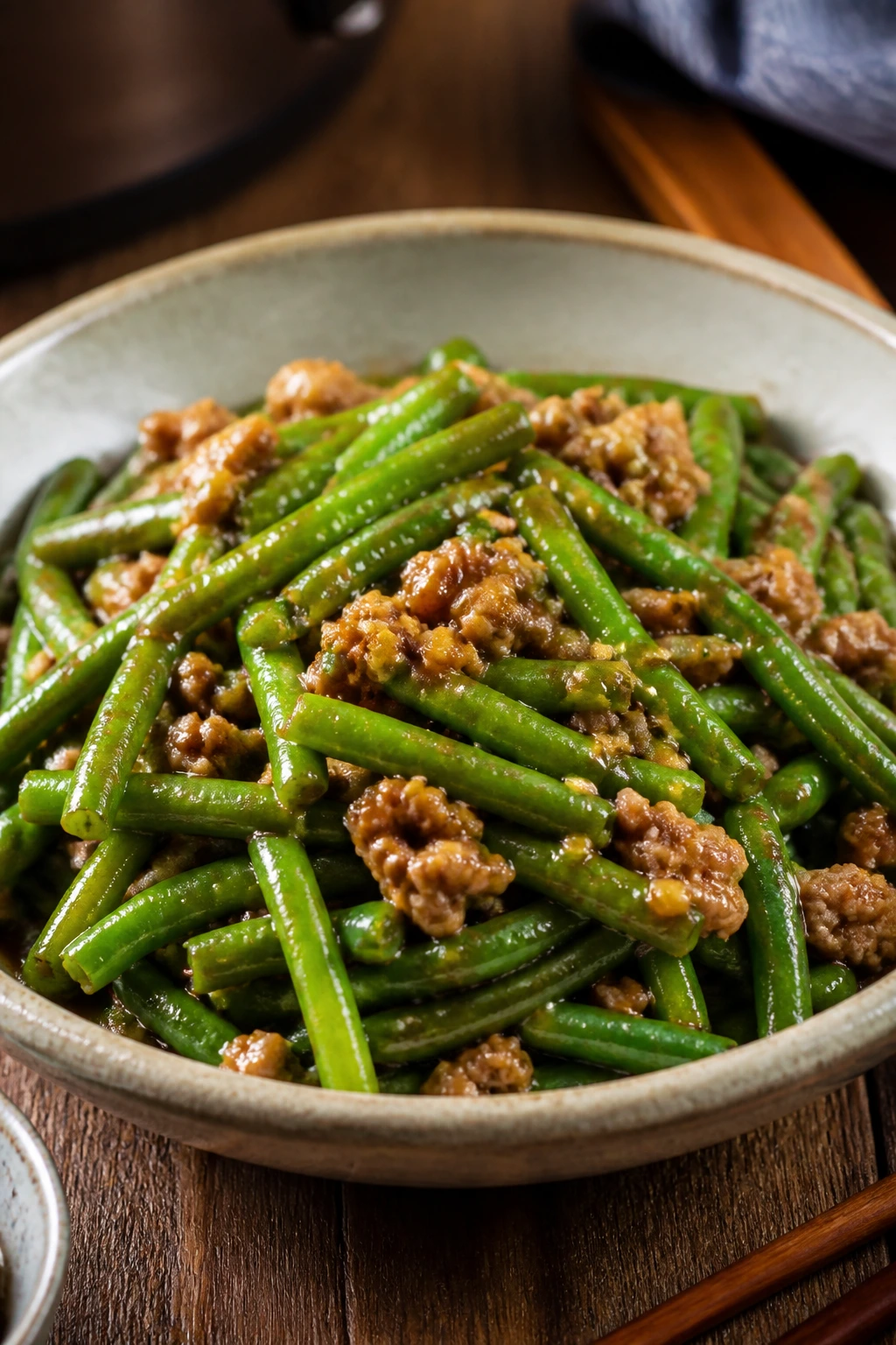 Green beans and pork in savory braising sauce