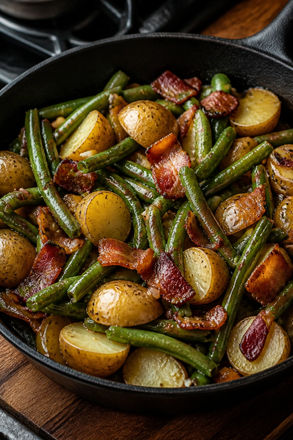 Cast-iron skillet with green beans, potatoes, and bacon