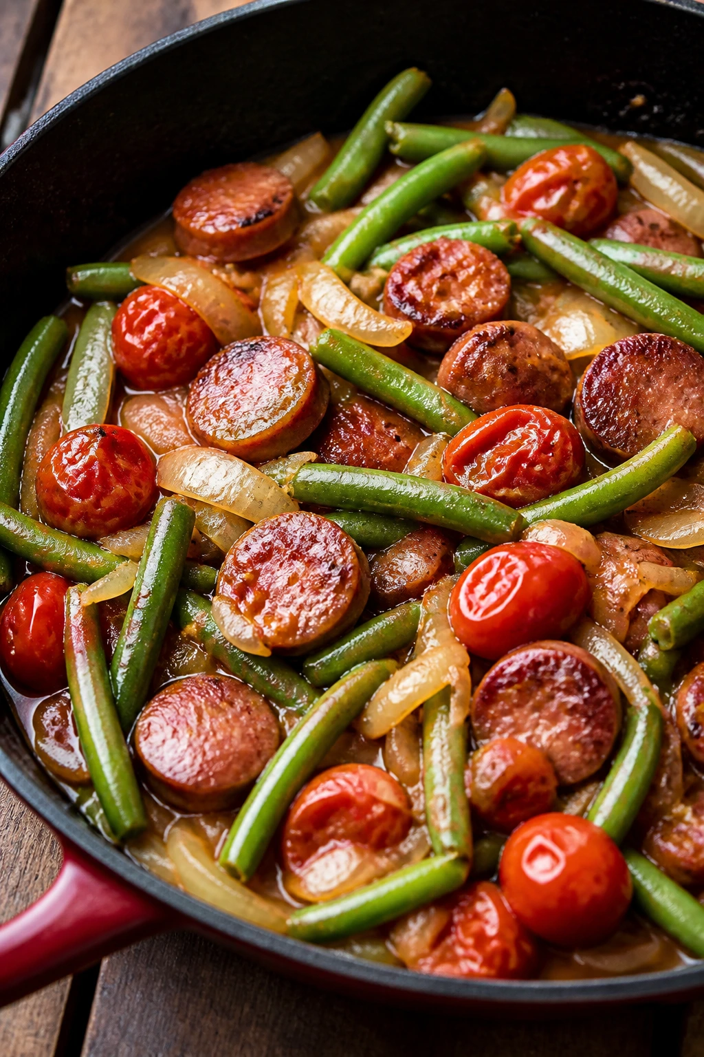 Close-up of sausage with green beans and cherry tomatoes in a skillet