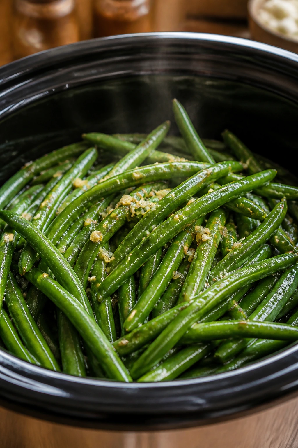 Close-up of garlic butter glazed green beans in a slow cooker