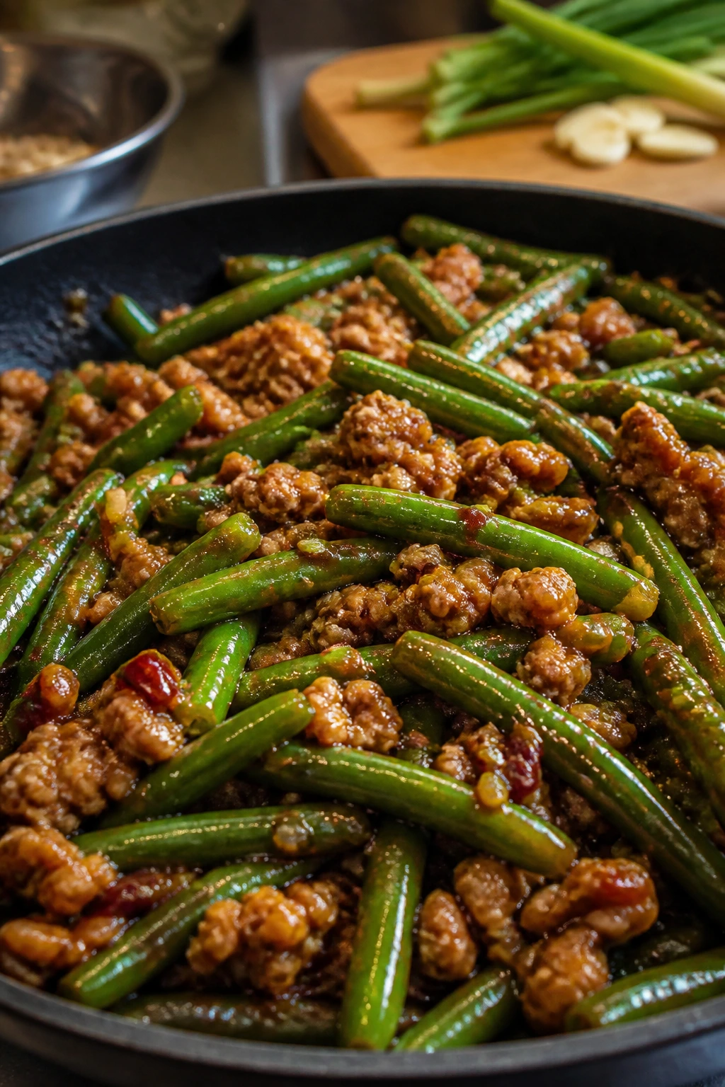Close-up of green beans with ground turkey in spicy sauce