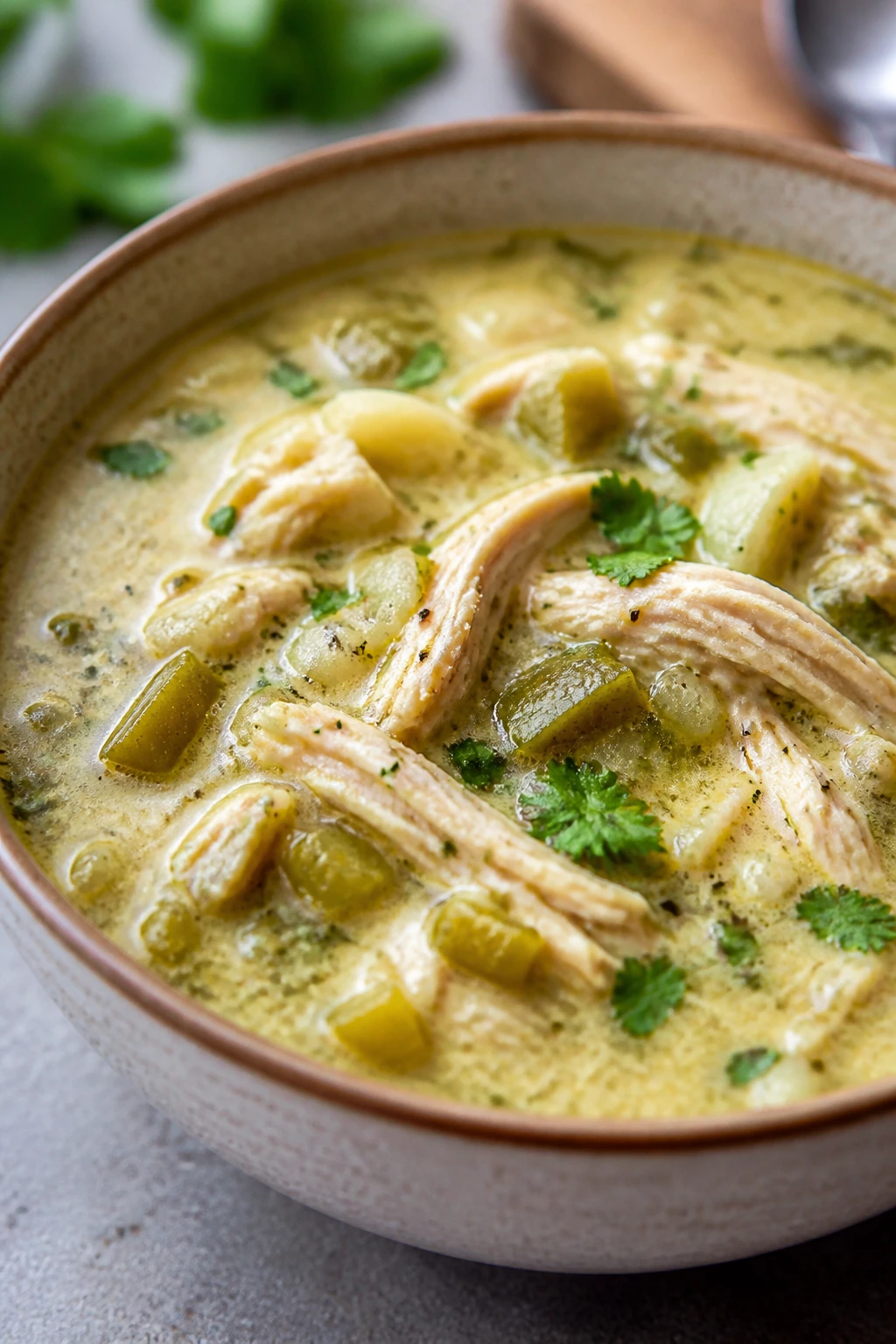 Close-up of green chile chicken chowder in a bowl with chicken and chiles visible