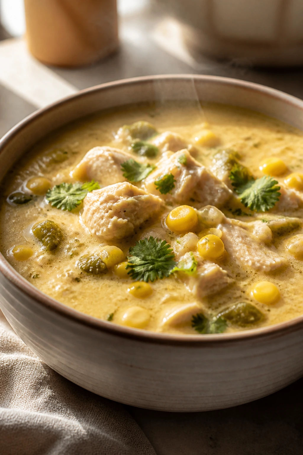 Close-up of green chile chicken chowder with corn and cilantro in a bowl.