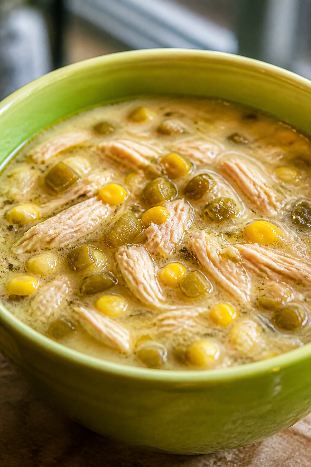 Close-up of green chile chicken soup in a bowl