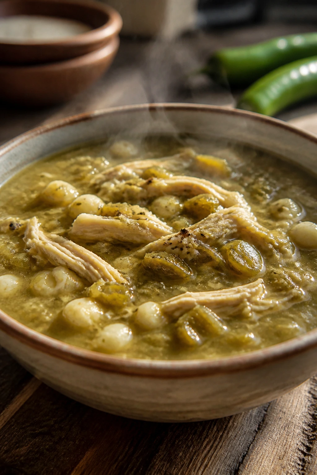 Green Chile Chicken Soup in a bowl on a rustic kitchen counter