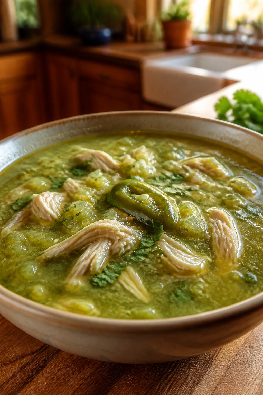 Close-up of green chile chicken soup in a bowl with bright green broth