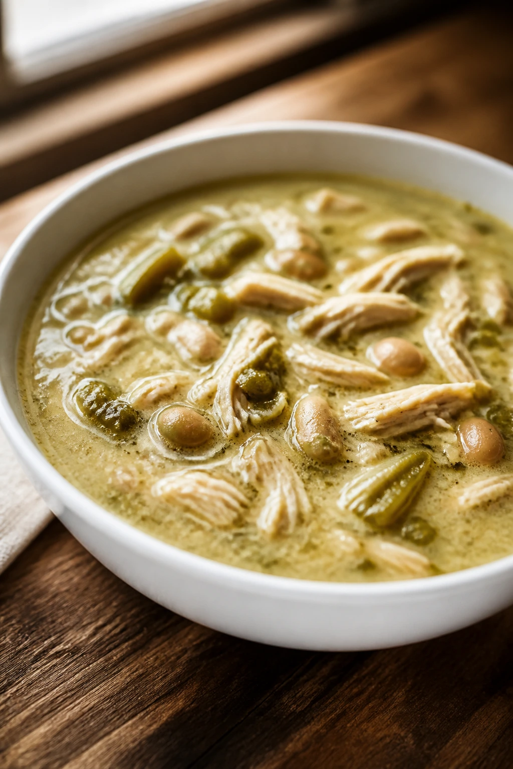 Close-up of green chile chicken soup in a bowl