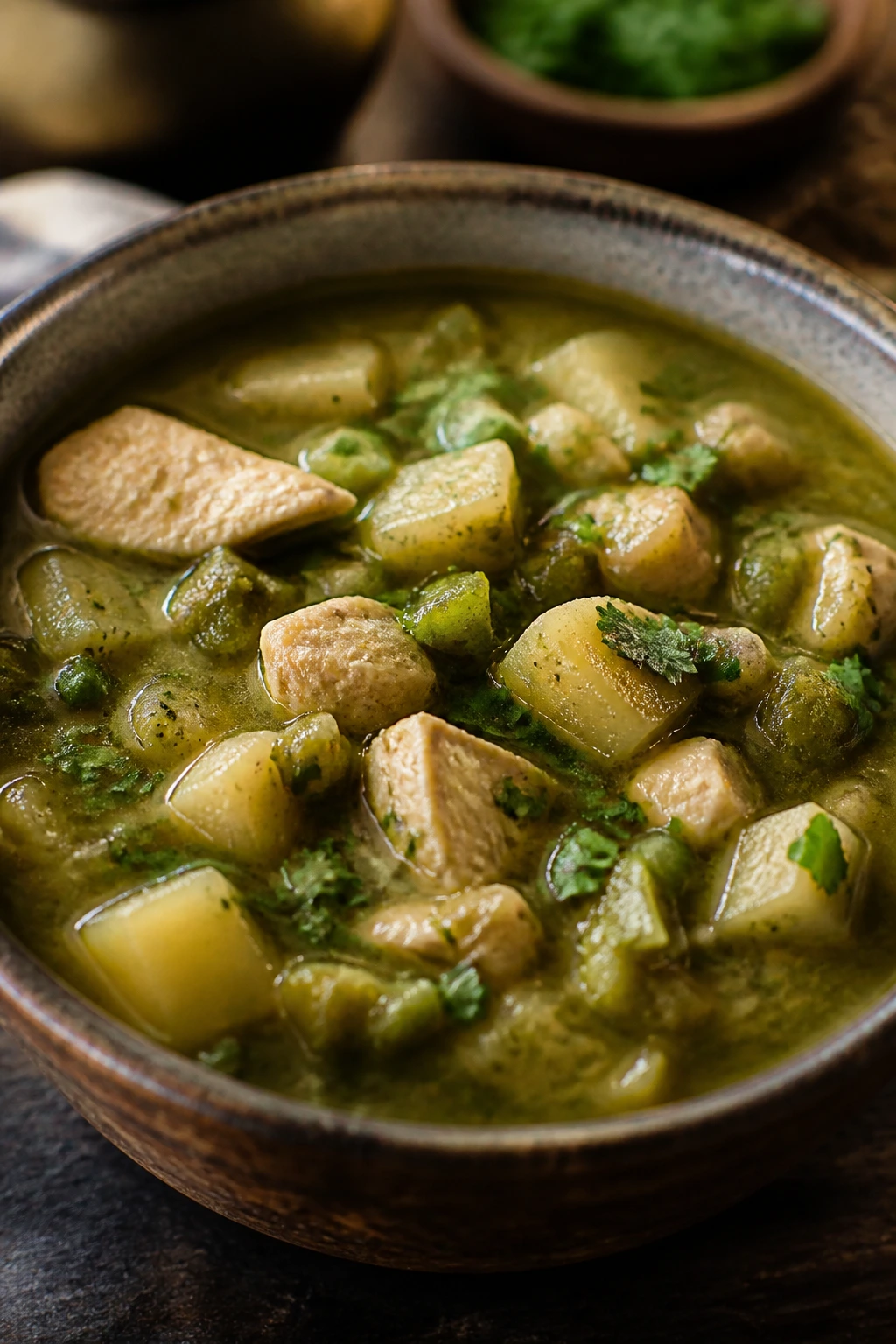 Close-up of green chile chicken stew with chicken and potatoes in a bright broth