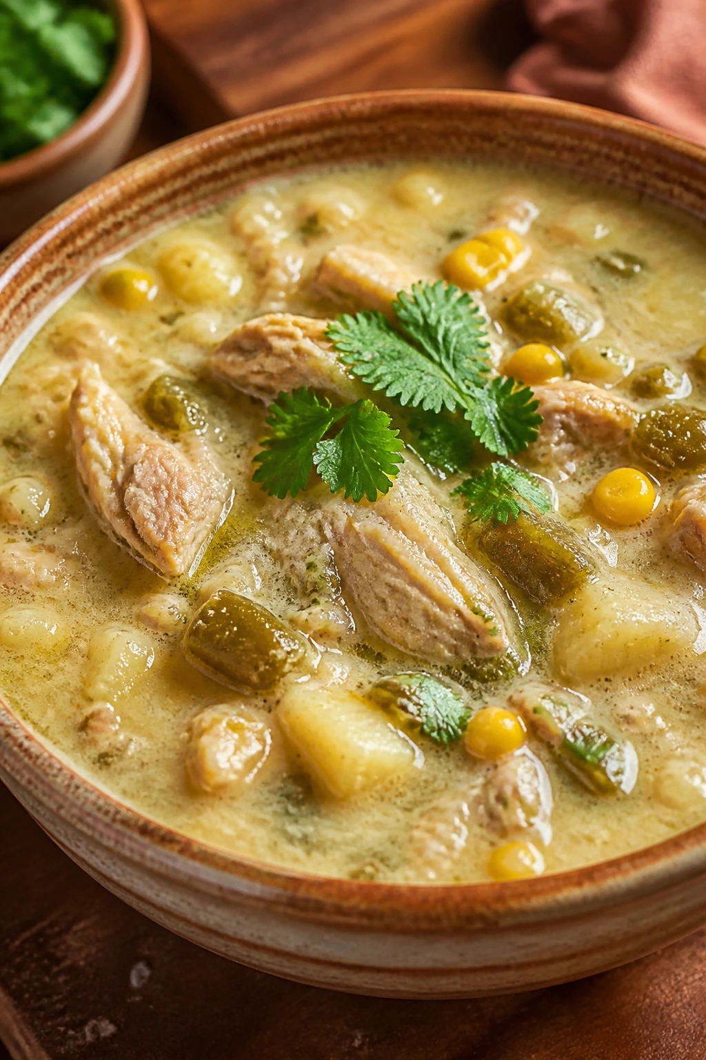 Close-up of green chile chicken chowder in a rustic bowl with chicken, potatoes, corn and green chiles.
