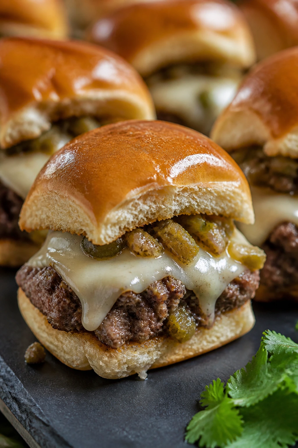 Close-up of Green Chile Monterey Jack Sliders with roasted chiles and melted cheese