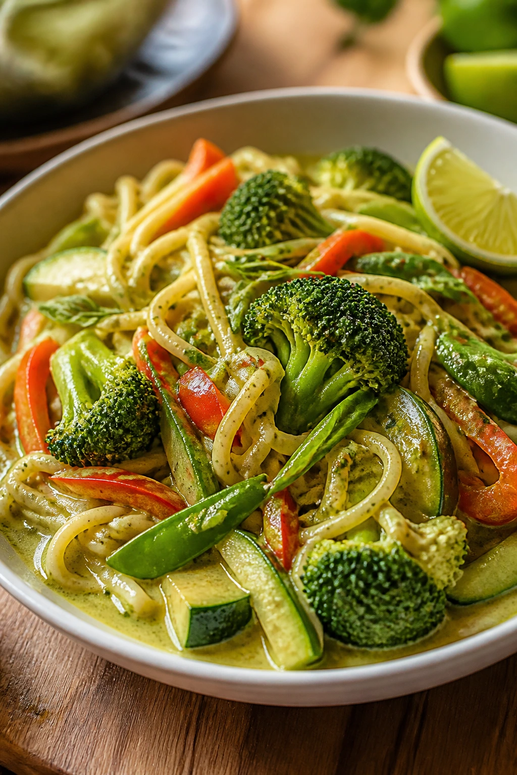 Green curry noodles with vegetables in a large bowl
