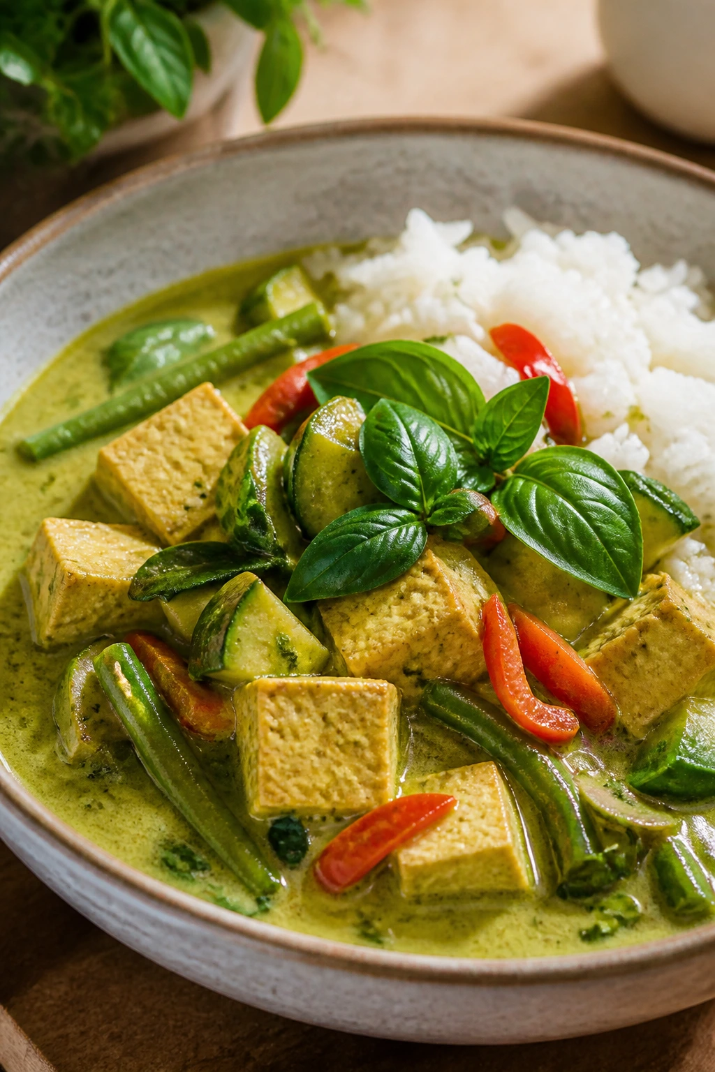 Close-up of tofu and vegetables in green curry