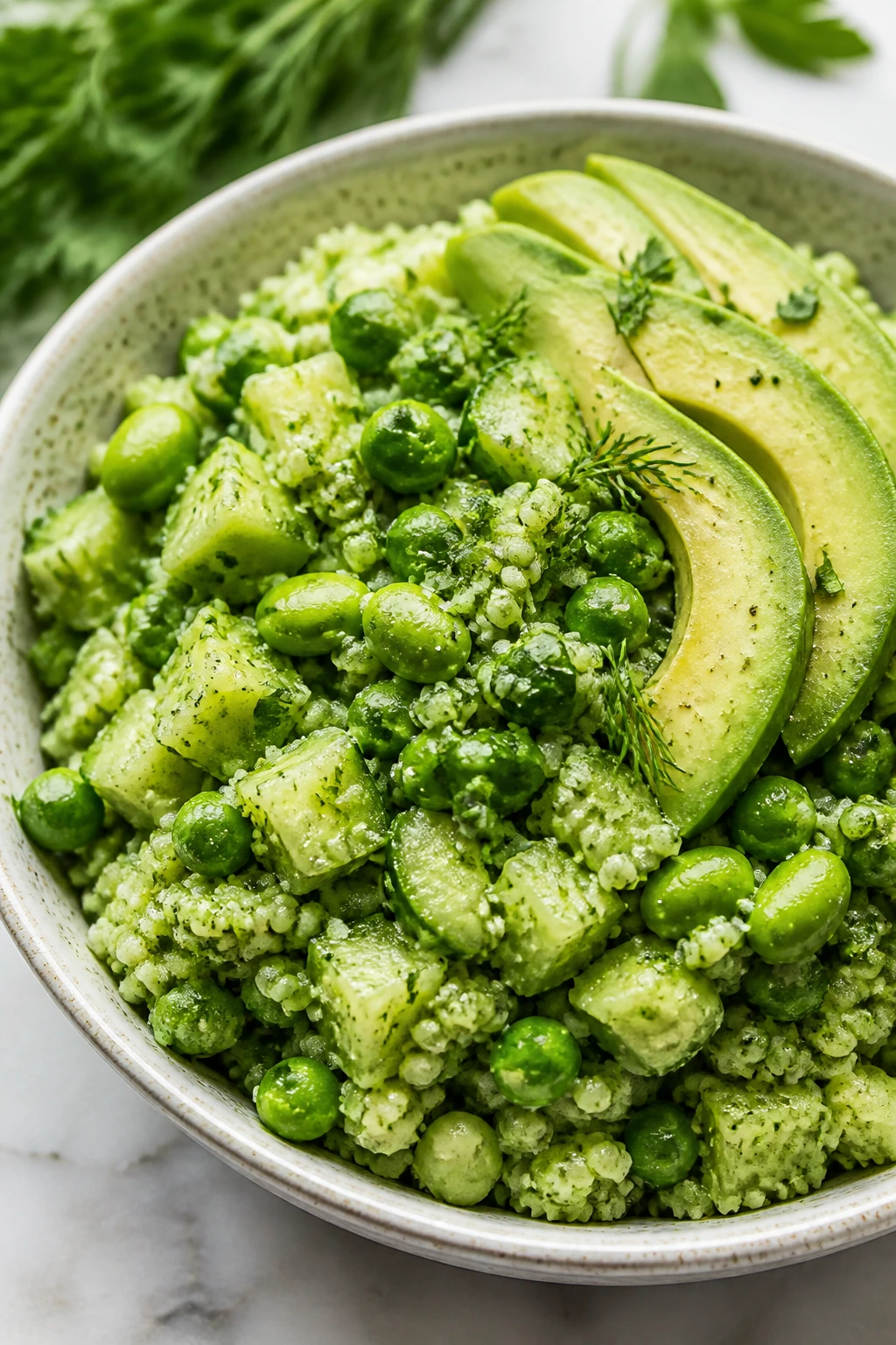 Close-up of green goddess couscous bowl with peas, edamame, cucumber and avocado