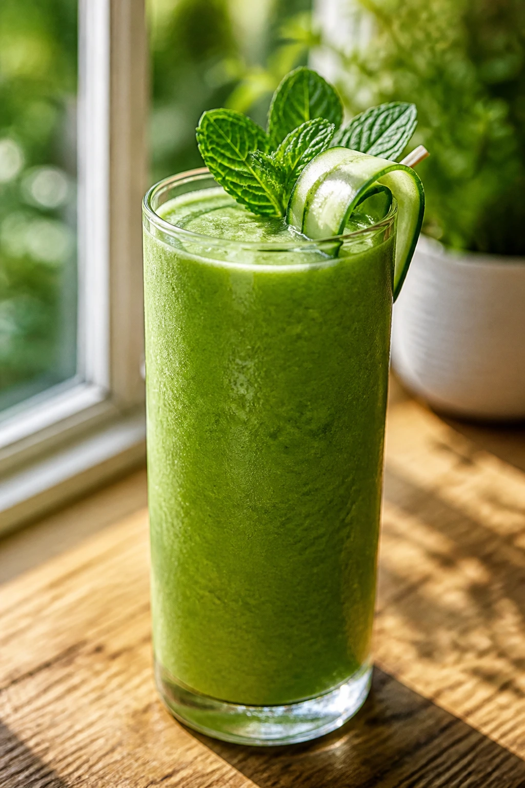Chilled tall glass of green goddess smoothie with mint and cucumber garnish by window