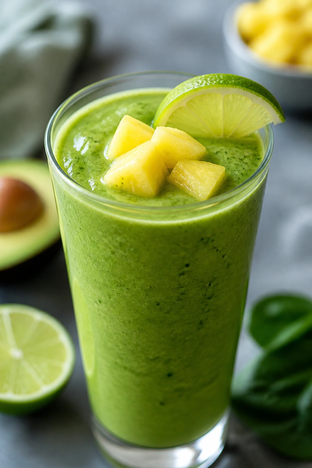 Close-up of green goddess smoothie in glass with lime wedge and pineapple topping