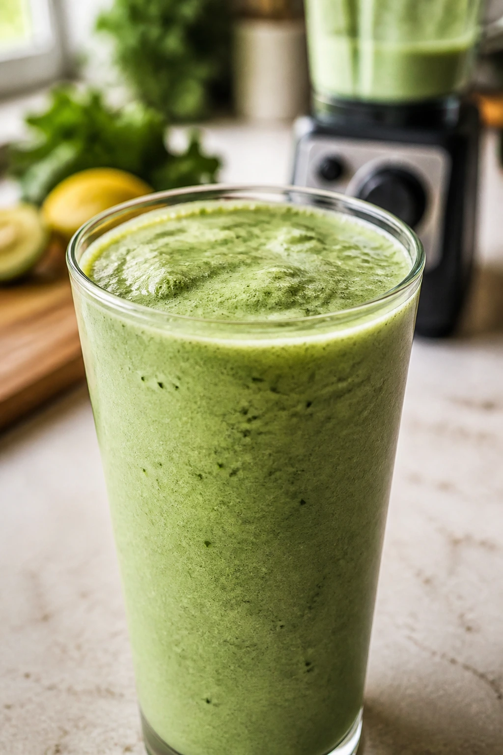 Green Goddess Smoothie with blender visible in soft-focused background.