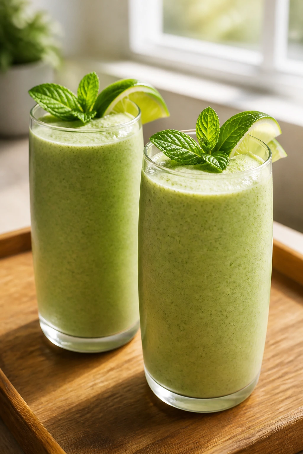Two Green Goddess Smoothies in glasses with mint and lime on a wooden tray.