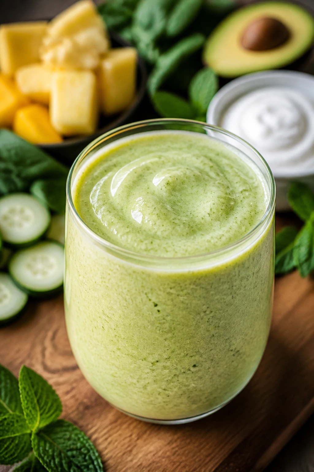 Pale green smoothie with ingredients like pineapple, mango, spinach, cucumber, avocado blurred in background.