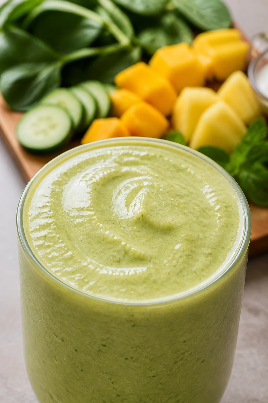 Green Goddess Smoothie in glass with blurred background showing spinach, pineapple, mango, cucumber and mint.
