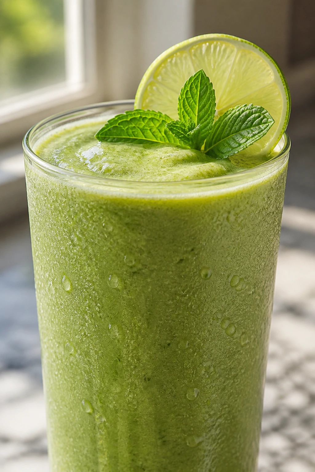Close-up of pale green Green Goddess Smoothie in a glass with mint and lime garnish, bright kitchen light.