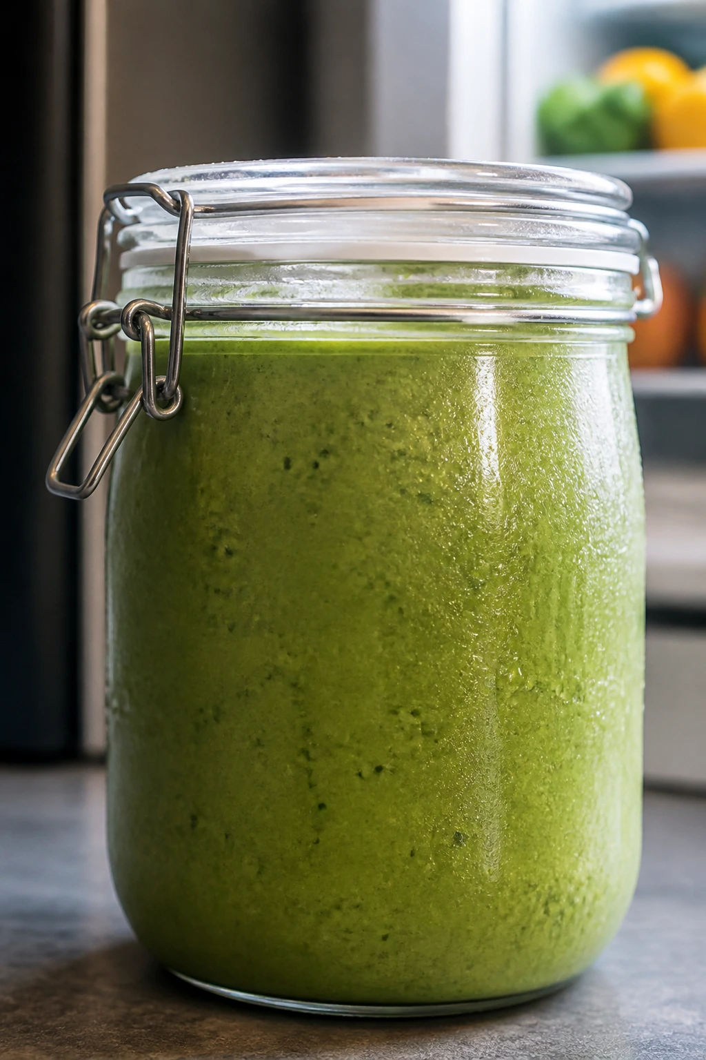 Airtight jar of green goddess smoothie for storage