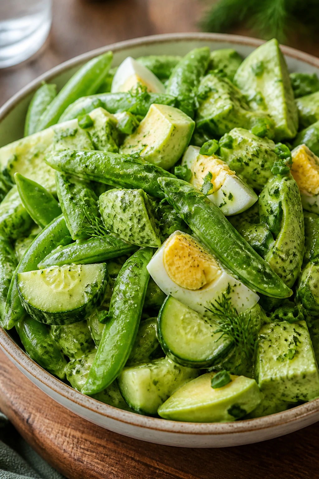 Close-up of green goddess salad with snap peas and cucumbers
