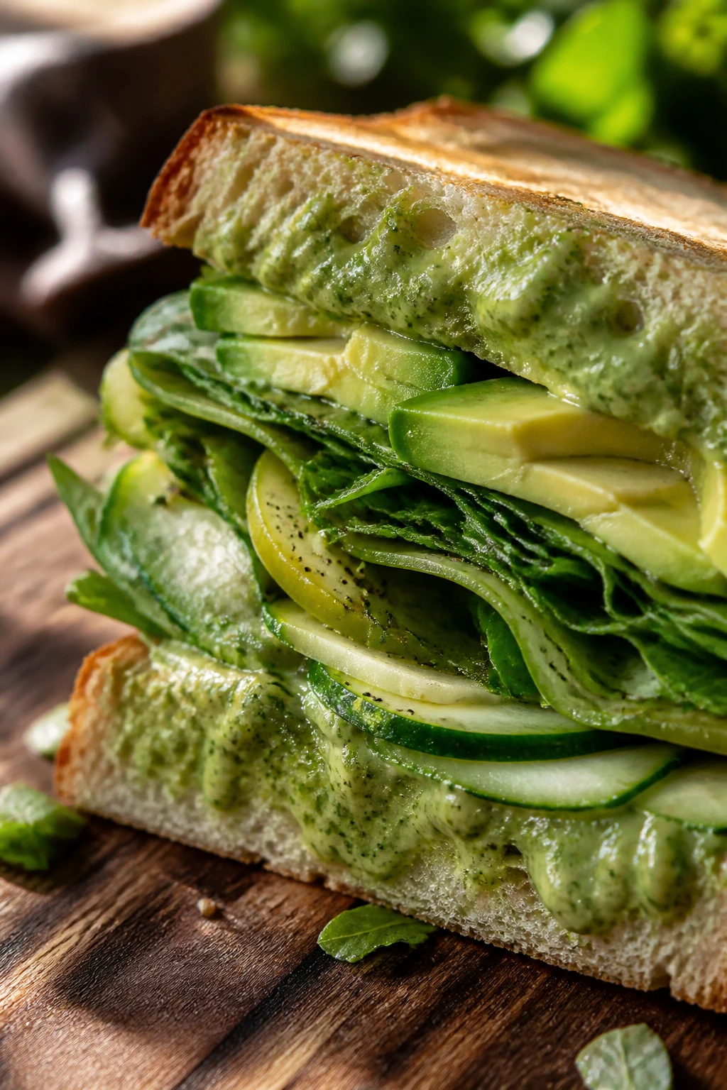 Close-up of a veggie sandwich with avocado, cucumber, and greens with green goddess dressing