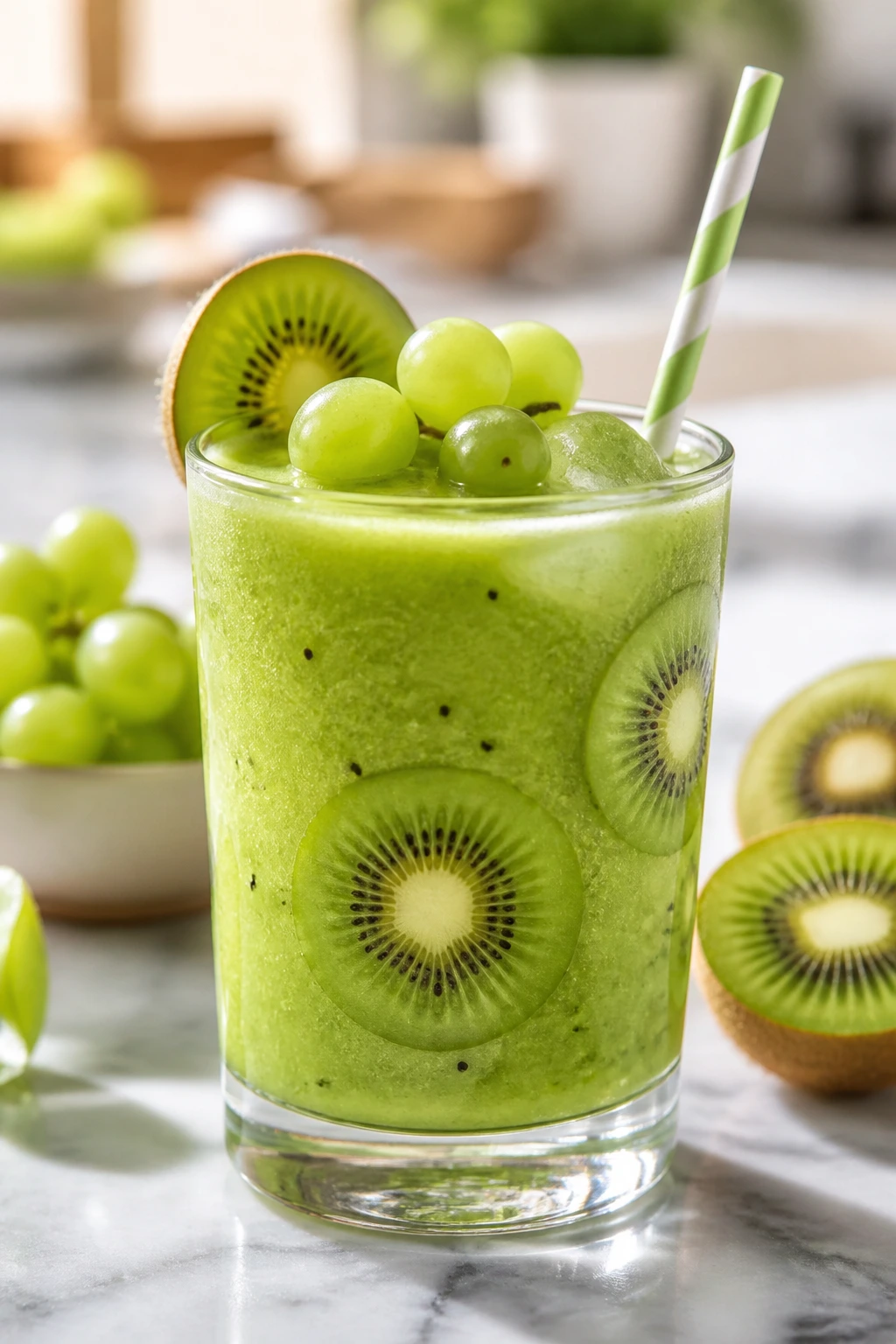Bright green grape kiwi smoothie in a glass on a bright kitchen counter