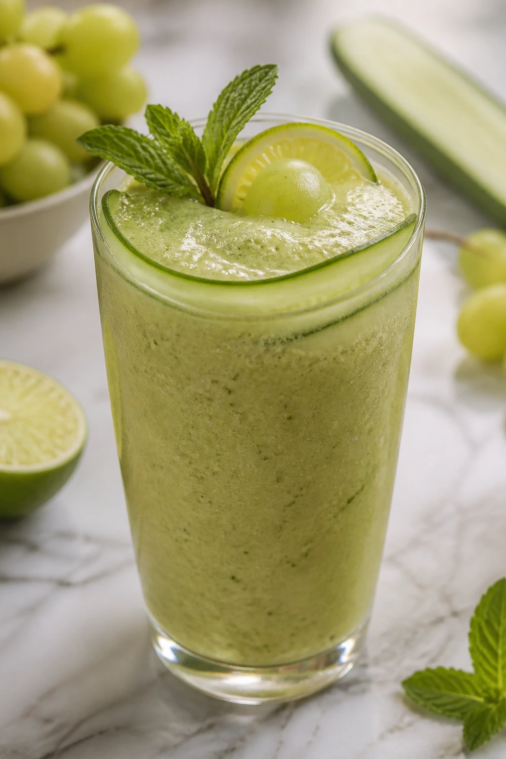 Pale green grape lime cooler smoothie in a glass with cucumber ribbon