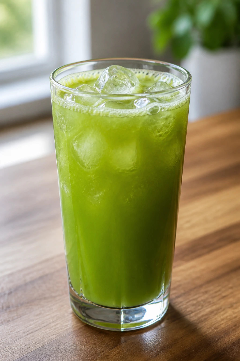 Close-up of a tall glass of Celery Cucumber Green Grape Juice on a wooden kitchen counter