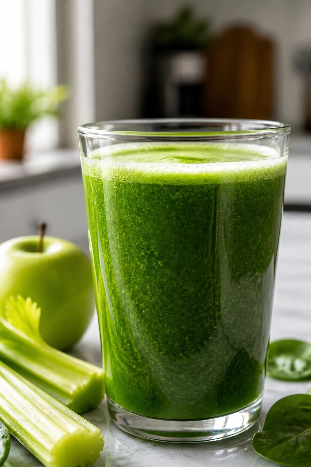 Glass of green apple celery spinach juice in a bright kitchen