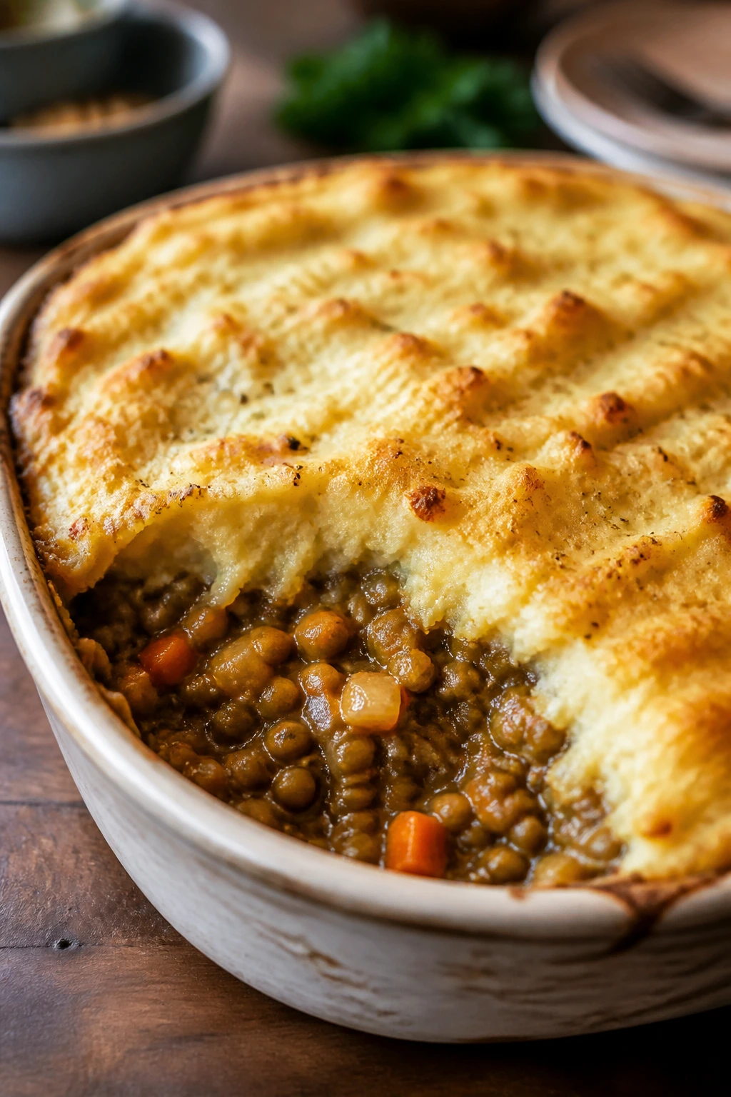 Green Lentil Shepherd’s Pie in baking dish with golden mashed potatoes