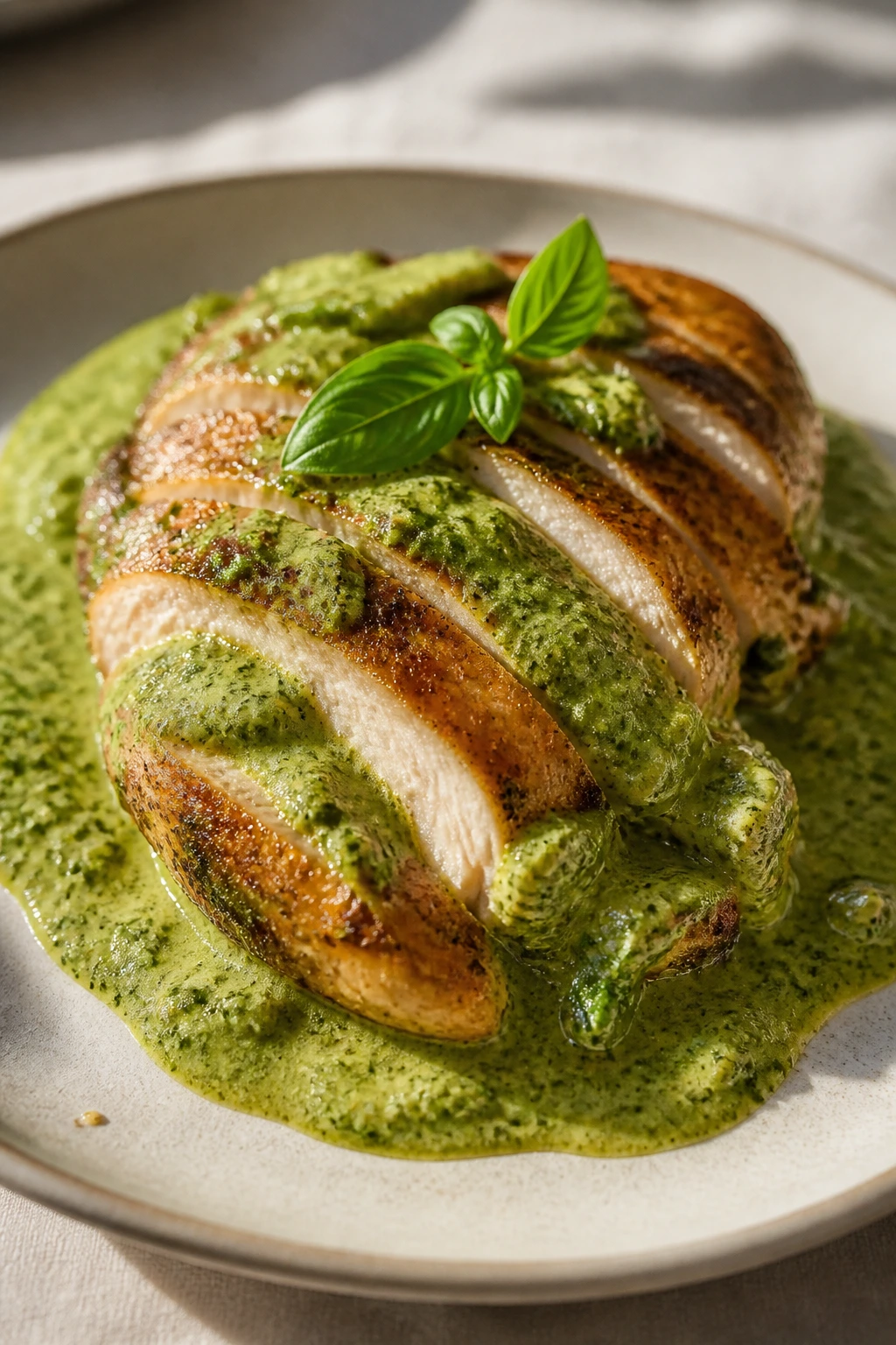 Plated chicken with green pesto sauce on a dinner plate