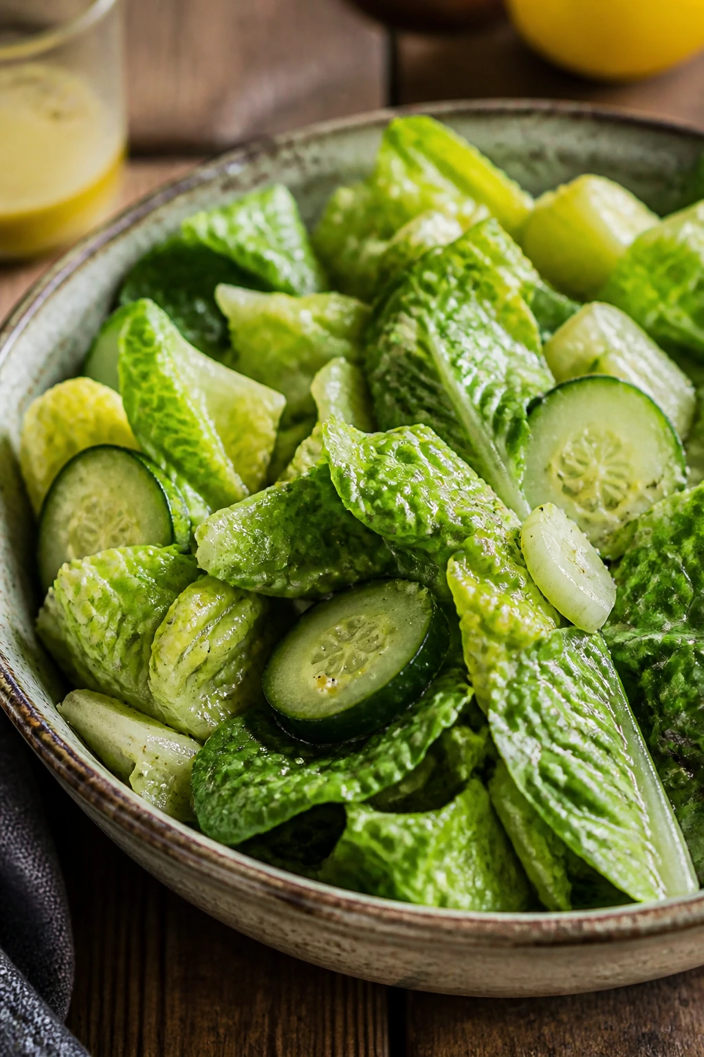 Close-up of crisp romaine and cucumber salad in a bowl with bright dressing