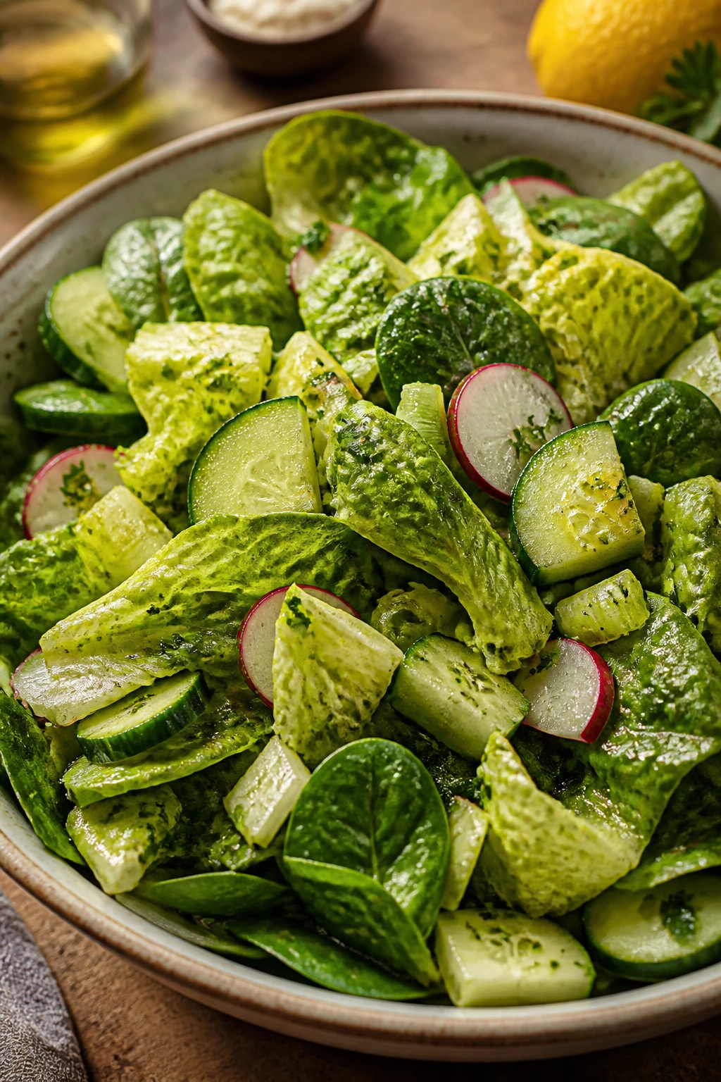 Bright tossed green salad with cucumber, radish, parsley and lemon-Dijon dressing